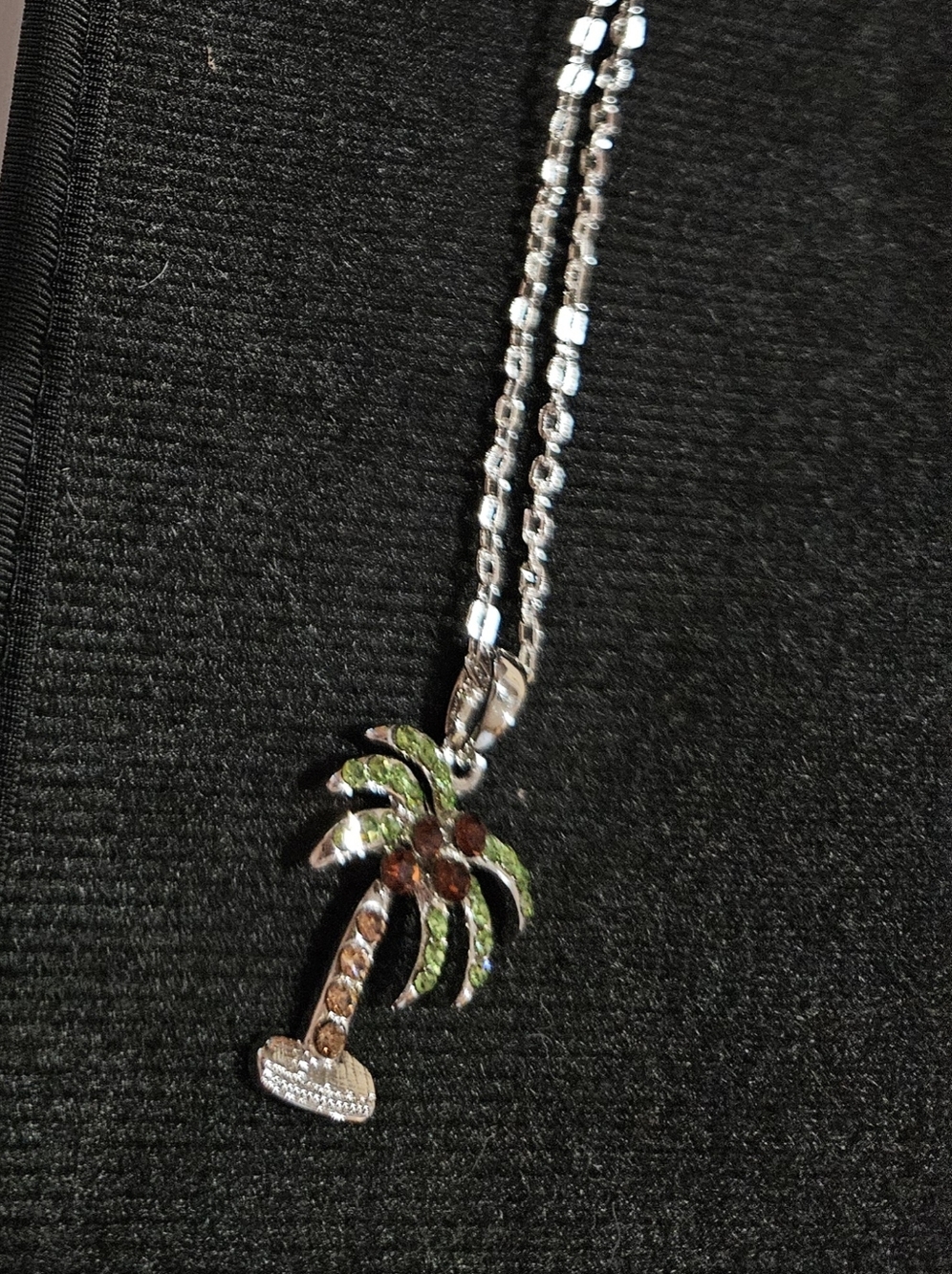 Palm Tree Pendant Necklace - Silver with Green and Brown Accents